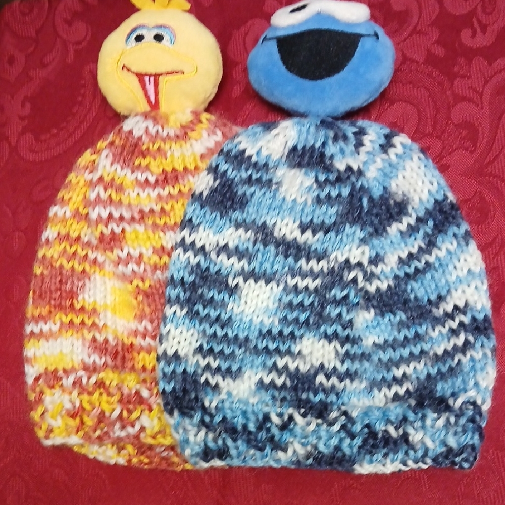 Colorful Knitted BIG BIRD AND COOKIE MONSTER Beanies SET OF TWO